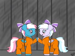 Size: 1024x768 | Tagged: safe, artist:alicornlourdes, derpibooru import, lilac sky, spring step, sunlight spring, belt, blushing, bound wings, bow, clothes, duo, hoofbump, prison, prison outfit, prisoner, smiling