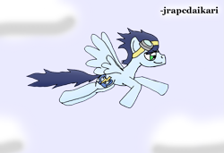 Size: 1293x886 | Tagged: safe, artist:jrapcdaikari, derpibooru import, soarin', flying, goggles, solo