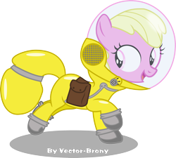 Size: 3037x2729 | Tagged: safe, artist:vector-brony, oc, oc only, oc:puppysmiles, earth pony, pony, fallout equestria, fallout equestria: pink eyes, fallout, fanfic, fanfic art, female, filly, foal, hazmat suit, hooves, looking back, open mouth, saddle bag, simple background, smiling, solo, transparent background