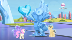 Size: 934x524 | Tagged: safe, screencap, ivory, ivory rook, rubinstein, spike, twinkleshine, crystal pony, dragon, pony, equestria games (episode), camera, hero, hub logo, sculpture, spike's statue, statue