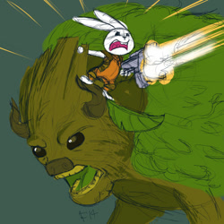 Size: 1000x1000 | Tagged: safe, artist:aa, derpibooru import, angel bunny, buffalo, crossover, groot, guardians of the galaxy, gun, marvel, rocket raccoon