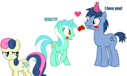 Size: 1500x900 | Tagged: safe, artist:greendwarf333, blues, bon bon, lyra heartstrings, noteworthy, sweetie drops, bird, bon bon is not amused, female, flower, flower in mouth, lyraworthy, male, rose, rose in mouth, shipping, straight