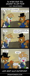 Size: 563x1420 | Tagged: safe, artist:drawponies, derpibooru import, oc, oc only, oc:calamity, oc:littlepip, pegasus, pony, unicorn, fallout equestria, clothes, comic, fanfic, fanfic art, female, french, hat, horn, male, mare, pipbuck, smiling, stallion, translation, vault suit, wasteland, wings