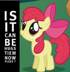 Size: 379x386 | Tagged: safe, derpibooru import, apple bloom, adorabloom, bronybait, cute, hug, is it can be hugs tiem now plees, meme, solo