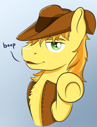 Size: 789x1034 | Tagged: safe, artist:lardon-draconis, braeburn, bedroom eyes, boop, chest fluff, fluffy, looking at you, perspective, smiling, smirk, solo, underhoof