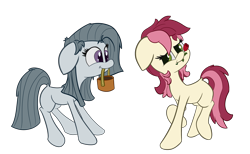 Size: 5321x3283 | Tagged: safe, artist:solipsus, derpibooru import, marble pie, roseluck, earth pony, pony, duo, duo female, female, females only, gray coat, gray mane, gray tail, mare, mouth hold, raised hoof, rose, simple background, transparent background, two toned mane, two toned tail