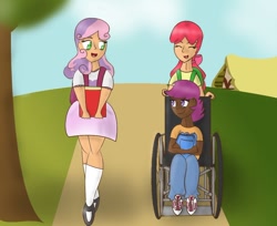 Size: 900x733 | Tagged: safe, artist:picklepiecow, apple bloom, scootaloo, sweetie belle, cutie mark crusaders, dark skin, humanized, wheelchair