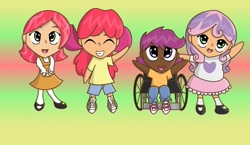 Size: 1024x592 | Tagged: safe, artist:picklepiecow, apple bloom, babs seed, scootaloo, sweetie belle, cute, cutie mark crusaders, dark skin, humanized, wheelchair