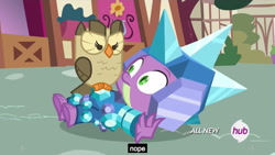 Size: 1279x719 | Tagged: safe, screencap, owlowiscious, spike, dragon, inspiration manifestation, armor, crystal armor, frown, glare, hub logo, meme, nope, on back, outdoors, ponyville, reaction image, surprisingly appropriate caption, wide eyes, youtube caption