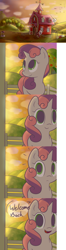 Size: 1280x4823 | Tagged: safe, artist:spikedmauler, derpibooru import, apple bloom, sweetie belle, comic, cute, fourth wall, go ask sweetie belle, looking at you, looking up, notice, open mouth, orchard, raised hoof, smiling, speech bubble, sunset, surprised, sweet apple acres, tree, tumblr, waving, well