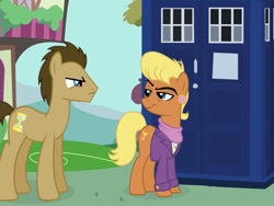 Size: 885x667 | Tagged: safe, artist:snx11, artist:theevilflashanimator, derpibooru import, doctor whooves, ms. harshwhinny, doctor who, tardis