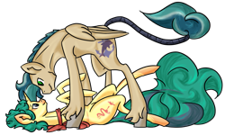 Size: 1153x692 | Tagged: safe, artist:cybiline, derpibooru import, oc, oc only, oc:needlepoint, oc:wave rider, pegasus, pony, unicorn, clothes, eye contact, gay, legs in air, male, oc x oc, on back, scarf, shipping, smiling, standing, tail wrap, unshorn fetlocks