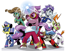 Size: 1965x1538 | Tagged: safe, artist:benbates, artist:kaylathehedgehog, derpibooru import, fili-second, masked matter-horn, mistress marevelous, radiance, saddle rager, zapp, power ponies, simple background, svg, transparent background, vector