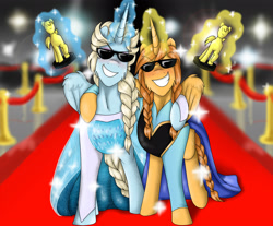 Size: 2255x1867 | Tagged: safe, artist:namygaga, derpibooru import, oc, oc only, alicorn, pony, alicorn oc, anna, carpet, elsa, frozen (movie), oscars, red carpet, sunglasses