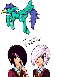 Size: 774x1032 | Tagged: safe, artist:cybiline, derpibooru import, oc, oc:zephyr storm(mcgack), pegasus, pony, biskit twins, brittany biskit, crossover, disguise, hair over one eye, littlest pet shop, whittany biskit