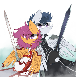 Size: 3789x3858 | Tagged: safe, artist:scootaloocuteness, derpibooru import, rumble, scootaloo, anime, female, male, parody, rumbloo, shipping, straight, sword, sword art online