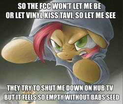 Size: 612x520 | Tagged: safe, babs seed, earth pony, pony, babs the rapper, clothes, eminem, exploitable meme, female, filly, hoodie, image macro, implied octavia, implied vinyl scratch, meme, nose wrinkle, solo, without me (eminem)