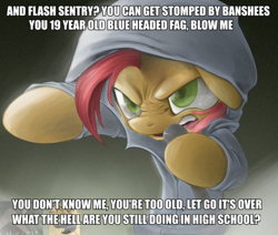 Size: 612x518 | Tagged: safe, babs seed, earth pony, pony, babs the rapper, clothes, eminem, exploitable meme, female, filly, hoodie, image macro, implied flash sentry, meme, nose wrinkle, solo, vulgar, without me (eminem)