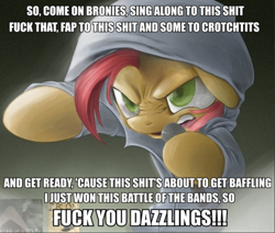 Size: 612x519 | Tagged: safe, babs seed, earth pony, pony, babs the rapper, clothes, eminem, exploitable meme, female, filly, hoodie, image macro, implied dazzlings, meme, nose wrinkle, solo, vulgar, without me (eminem)