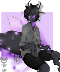 Size: 1024x1211 | Tagged: safe, artist:teranen, oc, oc only, oc:memorynumber, anthro, changeling, unguligrade anthro, abdomen, arm hooves, changeling oc, clothes, male, mouth hold, no pupils, paintbrush, purple changeling, solo