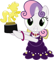 Size: 4000x4489 | Tagged: safe, artist:jeatz-axl, derpibooru import, sweetie belle, for whom the sweetie belle toils, award, clothes, dress, happy, looking at you, simple background, smiling, solo, statue, transparent background, trophy, vector, victory