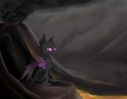 Size: 1500x1175 | Tagged: safe, artist:irigulus, changeling, lava, purple changeling, smoke, solo, volcano