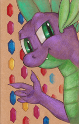 Size: 1000x1563 | Tagged: safe, artist:sabrekitty, derpibooru import, spike, dragon, solo, traditional art