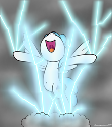 Size: 1024x1160 | Tagged: safe, artist:bluemeganium, derpibooru import, lightning bolt, white lightning, pegasus, pony, belly button, bipedal, cloud, dangerous, discharge, female, lightning, mare, solo, st. elmo's fire, standing, stormcloud