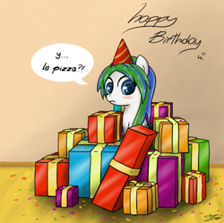 Size: 547x545 | Tagged: safe, artist:zortail, derpibooru import, oc, oc only, birthday, present, solo, spanish