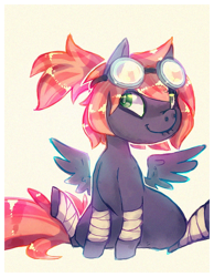 Size: 480x620 | Tagged: safe, artist:cappydarn, derpibooru import, oc, oc only, pegasus, pony, bandage, female, goggles, mare, solo