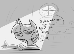 Size: 1267x937 | Tagged: safe, artist:nobody, twilight sparkle, bags under eyes, insomnia, monochrome, reading, solo, speech bubble, tired