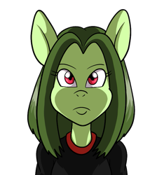 Size: 715x765 | Tagged: safe, artist:majikkumausuii, artist:mintymousyxfce, derpibooru import, oc, oc only, anthro, anthro oc, bust, ears, face, green, practice, red eyes, serious, serious face, short hair, simple, simple background, solo, stare, transparent background