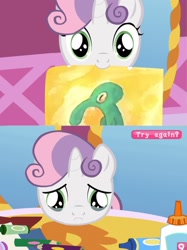 Size: 1075x1436 | Tagged: safe, derpibooru import, sweetie belle, artist unknown (spongebob episode), bold and brash, coloring with sweetie belle, exploitable meme, meme, more like belongs in the trash, rejected, sad, solo, spongebob squarepants, squidward tentacles, sweetie fail, try again