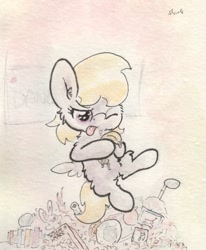 Size: 656x797 | Tagged: safe, artist:slightlyshade, derpibooru import, chirpy hooves, banana, solo, traditional art