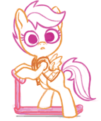 Size: 250x301 | Tagged: safe, artist:mcponyponypony, scootaloo, animated, back to the future, looking at you, marty mcfly, scootachicken, scooter, solo, staring into your soul, super saiyan