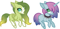 Size: 1024x498 | Tagged: safe, artist:ivyhaze, oc, oc only, pegasus, pony, unicorn, blank flank, duo, earring, female, mare, simple background, spiked choker, transparent background