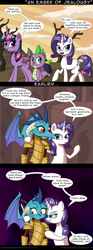 Size: 650x1755 | Tagged: safe, artist:deusexequus, derpibooru import, princess ember, rarity, spike, twilight sparkle, twilight sparkle (alicorn), alicorn, dragon, pony, unicorn, gauntlet of fire, comic, dagger, dialogue, female, implied emberspike, knife, male, mare, nose wrinkle, shipping, sparity, straight, switchblade, threat, yandere, yanderity