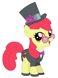 Size: 1867x2494 | Tagged: safe, artist:reitanna-seishin, derpibooru import, apple bloom, clothes, crossdressing, cutie mark, dress up, glasses, hat, shoes, simple background, solo, suit, top hat, transparent background, vector