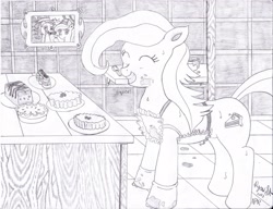 Size: 3316x2552 | Tagged: safe, artist:mc-ryan, oc, oc only, oc:cherry gourmet, apron, baking, cake, cherry pony, clothes, dessert, food, gloves, monochrome, picture, pie, squee