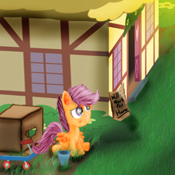 Size: 800x800 | Tagged: safe, artist:gregeyman555, derpibooru import, scootaloo, begging, box, cardboard box, grass, homeless, orphan, sad, scootalone, scootasad, scooter, solo, will x for y