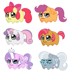 Size: 1600x1634 | Tagged: safe, artist:linamomoko, derpibooru import, apple bloom, babs seed, diamond tiara, scootaloo, silver spoon, sweetie belle, chibi, glasses, potato, simple background, transparent background