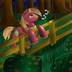 Size: 500x500 | Tagged: safe, artist:varien, derpibooru import, big macintosh, earth pony, firefly (insect), insect, pony, forest, male, solo, stallion