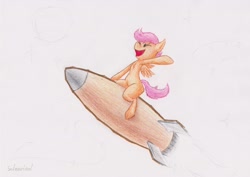 Size: 3498x2473 | Tagged: safe, artist:subscrewedup, derpibooru import, scootaloo, colored, colored sketch, flying, request, rocket, sketch, solo, space, traditional art, wip