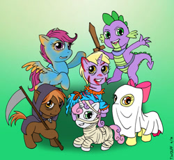 Size: 932x857 | Tagged: safe, artist:leiladrake, apple bloom, button mash, dinky hooves, scootaloo, spike, sweetie belle, ghost, windigo, zombie, zombie pony, bandage, bedsheet ghost, clothes, costume, cutie mark crusaders, fantasy class, grim reaper, ketchup, knight, mane six opening poses, mummy, nightmare night, scythe, sheet, sleep deprivation, sword, warrior, wooden sword