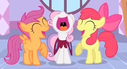 Size: 518x284 | Tagged: safe, screencap, apple bloom, scootaloo, sweetie belle, earth pony, pegasus, pony, unicorn, cute, cutie mark crusaders, eyes closed, faic, female, filly, nose in the air, open mouth, raised hoof, smiling, uvula, volumetric mouth