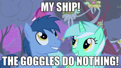 Size: 1280x720 | Tagged: safe, screencap, blues, lyra heartstrings, noteworthy, filli vanilli, image macro, lyraworthy, meme, shipping, shipping goggles