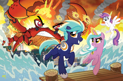 Size: 1260x828 | Tagged: safe, artist:tonyfleecs, idw, oc, oc only, oc:blank canvas, oc:hoof beatz, oc:mane event, baltimore, bronycon, bronycon mascots, cover, giant crab, hoofevent