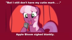 Size: 960x540 | Tagged: safe, cheerilee, earth pony, pony, cheerilee pun, curtain, exploitable meme, female, green eyes, mare, meme, microphone, open mouth, smiling, solo, spotlight, text, tom swifty, two toned mane, two toned tail