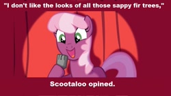 Size: 960x540 | Tagged: safe, cheerilee, scootaloo, earth pony, pony, cheerilee pun, curtain, exploitable meme, female, green eyes, mare, meme, microphone, open mouth, smiling, solo, spotlight, text, tom swifty, two toned mane, two toned tail