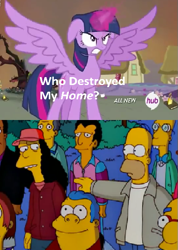 Size: 427x600 | Tagged: safe, twilight sparkle, twilight sparkle (alicorn), alicorn, pony, twilight's kingdom, chief wiggum, doctor frink, female, golden oaks library, homer simpson, hub logo, mare, meme, otto mann, the simpsons, who destroyed twilight's home